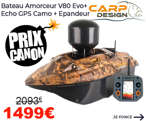 Bateau Amorceur Carp Design V80 Evo+ Echo GPS Camo + Epandeur