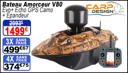 Bateau Amorceur Carp Design V80 Evo+ Echo GPS Camo + Epandeur